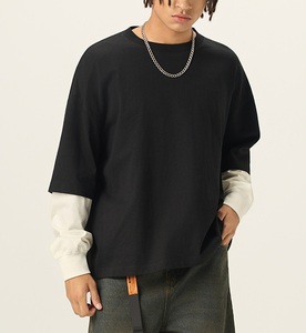 Camiseta de Manga Larga con Efecto de Dos Piezas en Contraste de Color, 100% Algodón, Corte Recto, Estilo Americano - Product Image 2