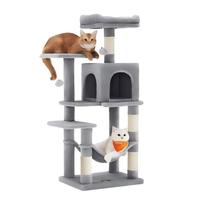 Tour d'activités robuste pour chat d'intérieur, anti-renversement, en peluche grise, multi-niveaux, extra-haute, avec hamac double porte et poteaux à gratter en sisal naturel