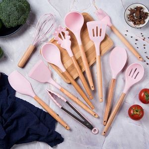 Silicone Kitchenware Set Wooden <b>Handle</b> Non-stick <b>Pan</b> Anti-Slip High Temperature Resistant Special Shovel Spoon Cooking Tools Set - Product Image 2