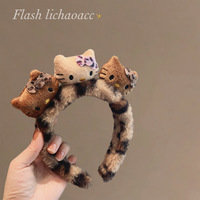 Bandeau en peluche léopard avec oreilles de chat de dessin animé, bandeau en acétate pour femmes, bandeau pour se laver le visage, bandeau pour le maquillage, nœud pour cheveux pour enfants