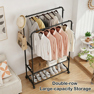 Porte-vêtements multifonctionnel à double tringle avec roulettes, étagère de rangement portable, support à roulettes pour chambre et buanderie - Product Image 4