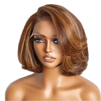 Luxe pour Pixie Cut Bob Perruque 5x5 Dentelle Fermeture Courte Couches Vague De Corps Surligné Couleur Brésilienne Cheveux Humains Brun Clair Frontal