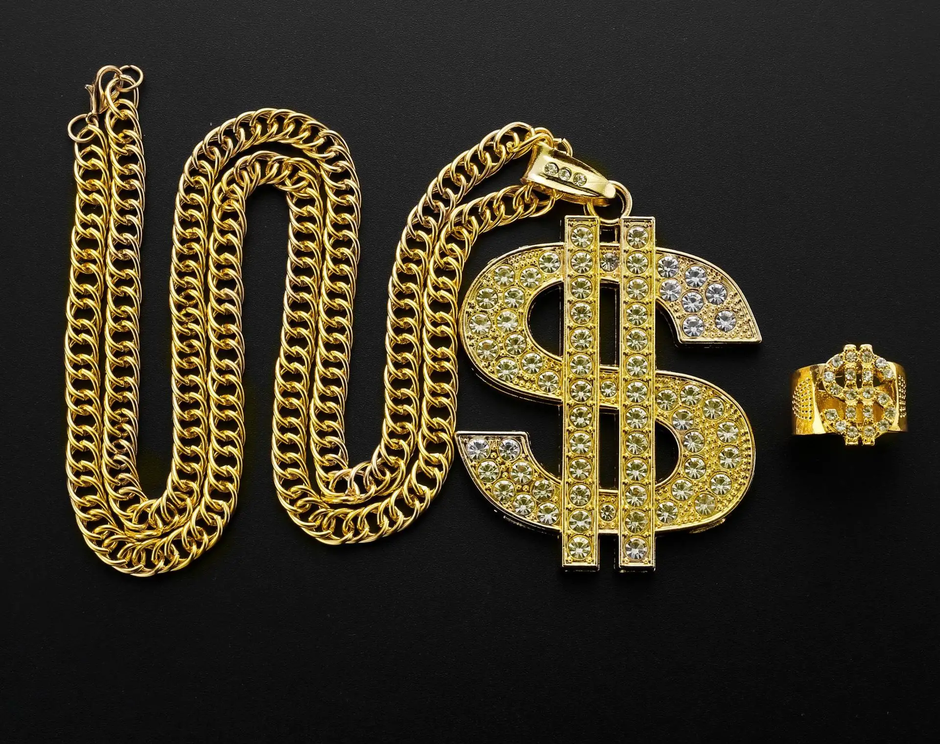 Exagerado hip-hop dólar símbolo colar cristal pavimentada personalidade pingente colar anel conjunto