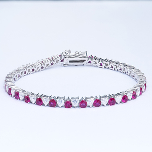 Fine Jewelry 925 Silver Rhodium Plated Heart Shape Corundum <strong>Ruby</strong> #5 and Moissanite <strong>Diamond</strong> Tennis Chain Bracelet for Girl - Product Image 1