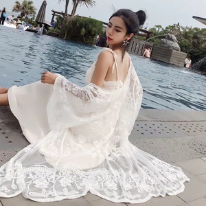 Novo estilo coreano elegante Seaside Holiday <span class=keywords><strong>Beach</strong></span> Dress bordado laço longo <span class=keywords><strong>Cardigan</strong></span> Cover-up - Product Image 2