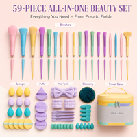 Ensemble de 59 outils de beauté personnalisables avec logo : Bandeau, éponge de maquillage pour le visage, fard à paupières, blush, poudre capillaire et pinceaux de maquillage colorés