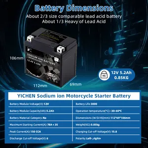 Batterie au sodium-ion 12V 5.2Ah 12V5Ah YT5 12.4V5Ah batterie de démarrage Na-ion CCA élevé pour moto