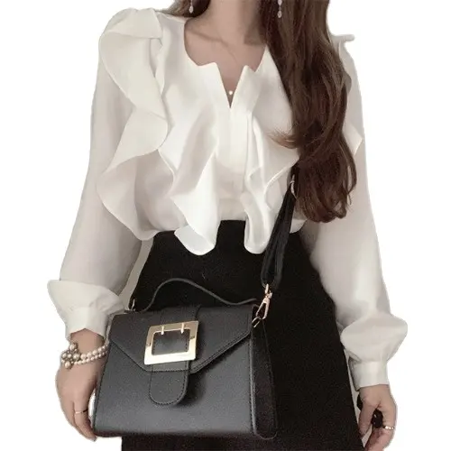 Trending Woman Top Clothes Elegant Korean Plain Shirts White Blouse Women Casual Ruffles Chiffon Ladies Tops Blouse