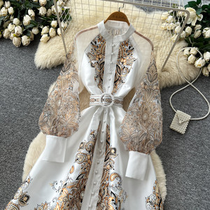 Винтажное платье с цветочным принтом, рукавами-фонариками, воротником-стойкой, летнее, с высокой талией, А-силуэта, элегантное облегающее платье для женщин - Product Image 3