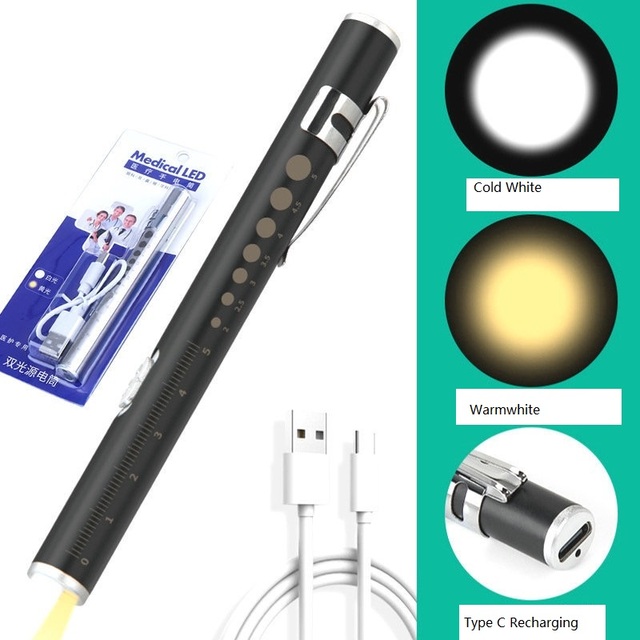 USB Medical LED Flashlight Aluminum Alloy Warm Yellow Light Rechargeable Type-C Charging IP65 Rated 35-100 Lumens Emergency Use