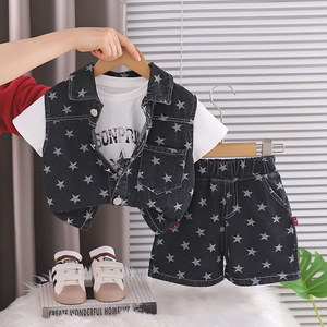 Ensemble en jean pour garçons : <span class=keywords><strong>Gilet</strong></span> sans manches, T-shirt et short – 3 pièces respirantes pour l'été, pour enfants de 1 à 5 ans - Product Image 2