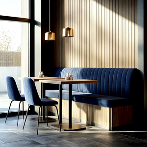 Set di Mobili Moderni per Caffetteria, Fast Food e Ristorante: Tavolo Quadrato in Legno, Sedie in Velluto <span class=keywords><strong>Blu</strong></span> e Divanetti - Product Image 1