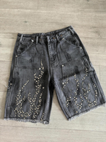 Shorts d'été pour hommes Difan Custom West Coast, style streetwear, taille mi-haute, coupe ample, avec effet usé, délavé à la barbe et orné de perles