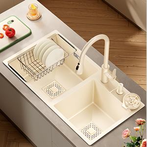 Évier de cuisine double grand format fait main en acier inoxydable épaissi blanc crème pour usage domestique - Product Image 6