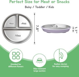 Assiettes à ventouse pour bébé en acier inoxydable avec couvercle en silicone amovible, bol en métal divisé pour enfants - Product Image 3