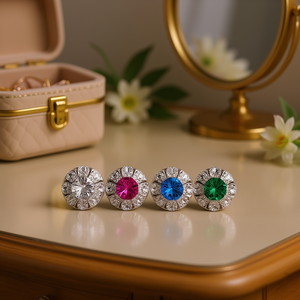 Orecchini a perno verdi E3182 con cristalli rotondi taglio brillante, design floreale, montatura a griffe, gioielli classici da donna alla moda - Product Image 2