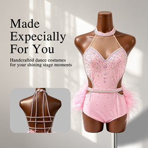 Traje de Ballet con Pedrería Rosa y Plumas, Espalda Descubierta con Tirantes, para Competencia de Danza Jazz, Contemporánea y Lírica - Product Image 1