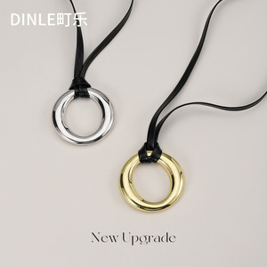 Dinle Metal <b>Ring</b> Pendant <b>Necklace</b> Silver Zinc Alloy Leather Rope Sweater Chain For Women Gift Leisure Style - Product Image 1