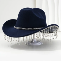 Chapeau de cowboy noir en velours avec double frange de strass, style gothique, pour fête, rave, enterrement de vie de jeune fille, festival, pour femmes
