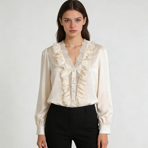 Blusa Elegante con Cuello en V y Volantes de Encaje para Mujer, Manga Larga, Botones de Perla, Estilo Casual para Oficina, Primavera, Verano, Otoño - Product Image 3