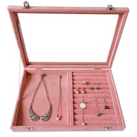 Grand présentoir de rangement pour bijoux en velours rose avec couvercle pour bracelets, colliers, boucles d'oreilles et bagues