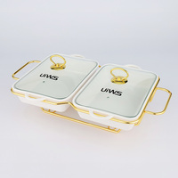 Neues Luxus Gold-Eisenrahmen Chafing Dish, Speisenwärmer für Restaurants, Chafing Dish mit Keramiktopf und Alkoholheizung