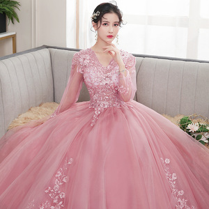 V Neck Ball Gown Dress With Floral Embroidery Pink Long Evening Dress For Women Empire Waistline Full Skirt Formal Wear - Product Image 3