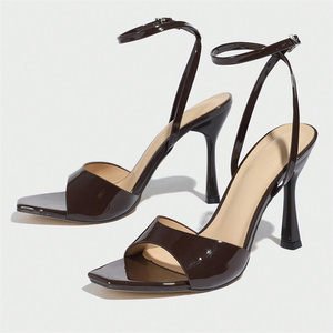Sandales dorées métalliques pour femmes, talons aiguilles, bout carré, bride cheville, chaussures de soirée d'été, sandales à talons pour dames - Product Image 2