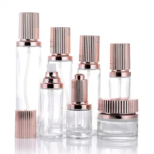 优质空豪华化妆品包装容器透明透明玻璃罐体乳液泵玫瑰金瓶盖玻璃瓶