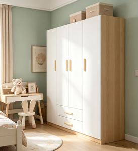 Armoire blanche minimaliste avec 2 tiroirs, portes à charnières, poignées en bois, meubles de chambre à coucher modernes, armoire de rangement autoportante - Product Image 1