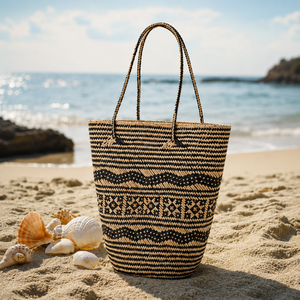 <b>Straw</b> Woven Bohemian Eco-Friendly Tote <b>Bag</b> Open Top Summer Beach Women's Bucket Handbag Solid Color Black Beige - Product Image 2