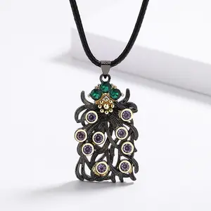 Perhiasan Indah KYNL0623 Kalung Zirkon Ungu Cabang Berongga Berlapis Hitam Gotik Berlebihan Unik untuk Wanita