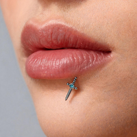 Anting-anting tusuk bibir dari baja bedah 316L, model sword dagger biru CZ, untuk Monroe, Medusa, Helix, Tragus, dan tulang rawan, ukuran 16G, baru.