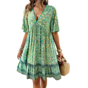 New female loose dress foreign trade spring and summer vacation leisure print V-neck dress female