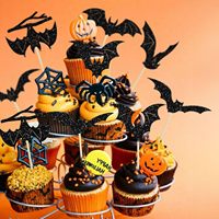 24 décorations de cupcakes chauve-souris pour Halloween, piques à cupcakes chauve-souris noires à paillettes pour thème d'horreur, baby shower, décoration d'anniversaire pour enfants