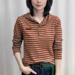 <b>Striped</b> Hooded Long Sleeve T-Shirt Women Knitted Slim Fit Spring Autumn Casual <b>Top</b> - Product Image 3
