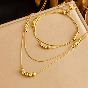 Stainless Steel Double Layer Beaded Chain Necklace <b>Bracelet</b> <b>Set</b> Unisex Everyday Wear Gold Silver - Product Image 1