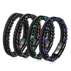 <b>Beaded</b> <b>Bracelet</b> 14mm Stainless Steel Natural Tiger Eye Genuine Leather Hand Woven Design For Women Gift Jewelry - Product Image 1