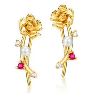 925 Sterling silver gold ear wrap pin crawler climber rose blossom pearl earrings