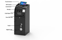 Terminal de paiement libre-service sur pied avec écran tactile 10,1 pouces, lecteur NFC, scanner de codes-barres, compteur de billets et de pièces, et SDK