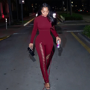 Y0913 Nuova <span class=keywords><strong>Tuta</strong></span> Lunga da <span class=keywords><strong>Donna</strong></span> Autunno-Inverno, Maniche Lunghe, Sexy e Alla Moda con Dettagli Traforati e Cinghie Aderenti - Product Image 2