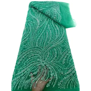 HFX最新非洲串珠蕾丝面料石材刺绣法国网眼亮片蕾丝面料尼日利亚薄纱蕾丝派对礼服
