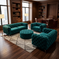 Ensemble de canapés de bureau en velours bleu sarcelle capitonnés, mobilier professionnel pour environnement professionnel avec éclairage d'ambiance doux
