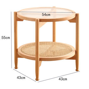 Salon moderne Table basse double couche de bureau en bois massif rotin et verre Petite table basse amovible portable pour l'extérieur - Product Image 2