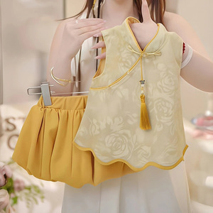 Traditional Chinese Girls Hanfu Two Piece Set Yellow Sleeveless Top With Skirt Party Wear Thin Fabric - Product Image 2