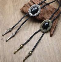Cravate Bolo Hypoallergénique en Laiton Écologique Style Western Cowboy, Personnalisée avec Onyx Noir et Obsidienne, Rétro, Type Lacet de Botte, Sur Mesure