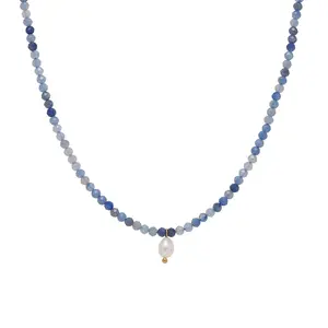 Wholesale Custom Single Fresh water Pearl Women Jewelry Dainty Blue Aventurine Gemstone Beads Natural Stone Necklace for Women