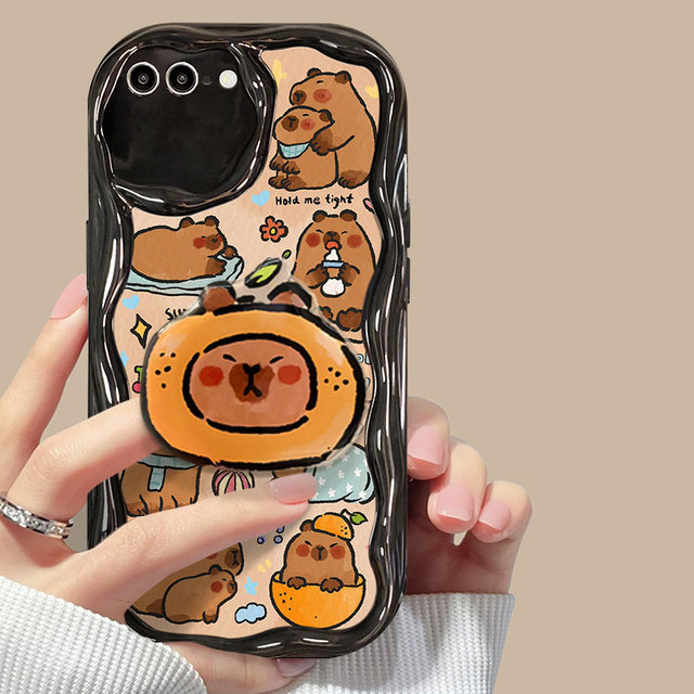 BT Cute Capybara Phone Case Grip Tok Holder Wave TPU Soft 16 Pro 15 14 13 Pro Max Phone Back Cover Kawaii Cartoon Silicone Cases