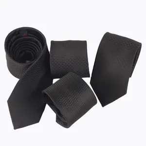 Corbatas hechas a mano de Jacquard de fábrica de alta calidad con textura sólida negra para fiesta 100% corbata de poliéster para hombres