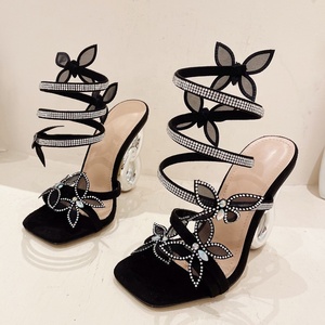 Sandales d'été pour femmes à brides croisées à la cheville, ornées de diamants, chaussures habillées scintillantes, escarpins uniques à talons hauts circulaires - Product Image 4